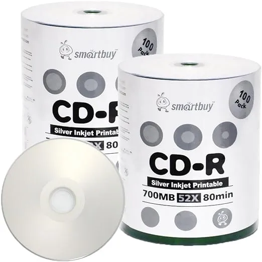 Smartbuy 700mb/80min 52x CD-R Silver Inkjet Hub Printable Blank Recordable Media Disc (200-Disc)