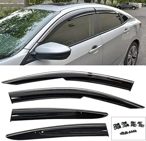 for 2016-2021 Honda Civic Sedan - Clip On - Side Window Visors w/Chrome Trim Injection