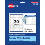 Avery&reg; Glossy Permanent Labels With Sure Feed&reg;, 94106-WGP10, Square, 1-1/2&quot; x 1-1/2&quot;, White, Pack Of 200