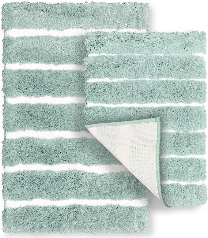 2 Piece Luxury Stripe Bath Rug Set, Extra Soft Plush Fluffy & Water Absorbent, Bathroom Mats, Non Slip Rubber Backing, Machine Washable, 20" x 32" Plus 17" x 24", Teal/Pure White