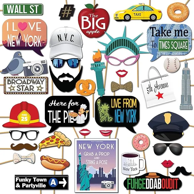 New York Photo Booth Props - 41-pc Photo Booth Kit with 8 x 10-Inch Sign, 60 Adhesive Pads, 45 Sticks - NYC Props - New York Theme Decorations - Cityscape Photo Props