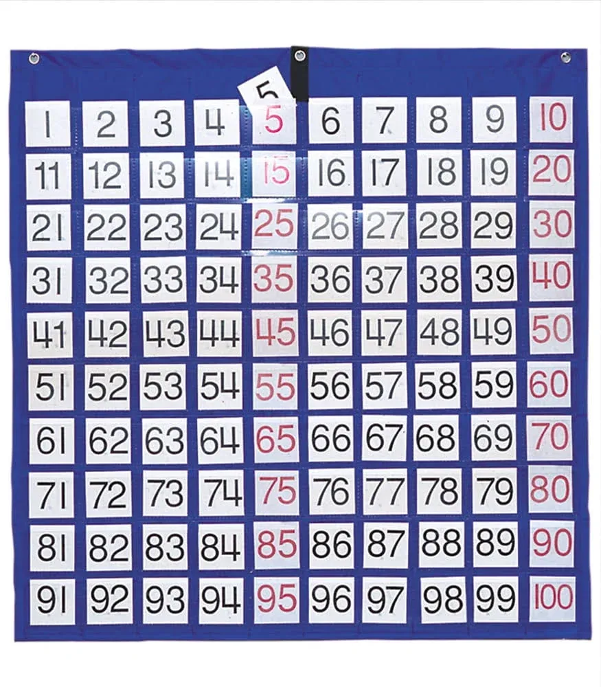 Carson Dellosa 26" x 26" Hundreds Pocket Chart for Classroom Blue, Classroom Organizer With 100 Pockets and Number Cards, Counting, Adding and Multiplying, Classroom Math Supplies