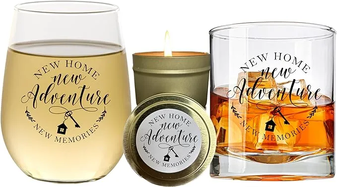 Unique House Warming Gift Set - New Home New Adventures Wine and Whiskey Glass 