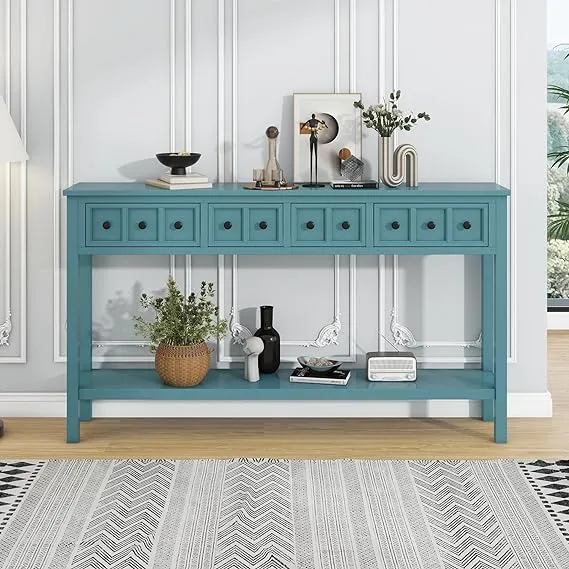 P PURLOVE Console Table Rustic Entryway Table 60" Long Sofa Table with 4 Drawers in Two Different Size and Bottom Shelf for Storage (Turquoise Green)