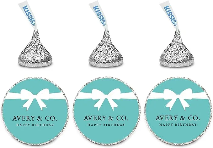 Andaz Press Personalized Chocolate Drop Labels Stickers Single, Avery & Co Happy Birthday, 216-Pack, Custom Made Name, Fits Woman & Co Themed Kisses Party Favors, Gifts, Decorations