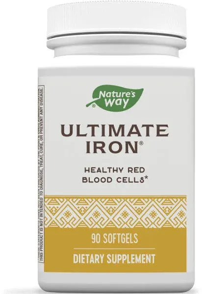 Nature’s Way Ultimate Iron, Supports Healthy Red Blood Cells,* Supports Cellular Energy Production*, 50 mg per 2-Softgel Serving, Gluten-Free, 90 Softgels (Packaging May Vary)