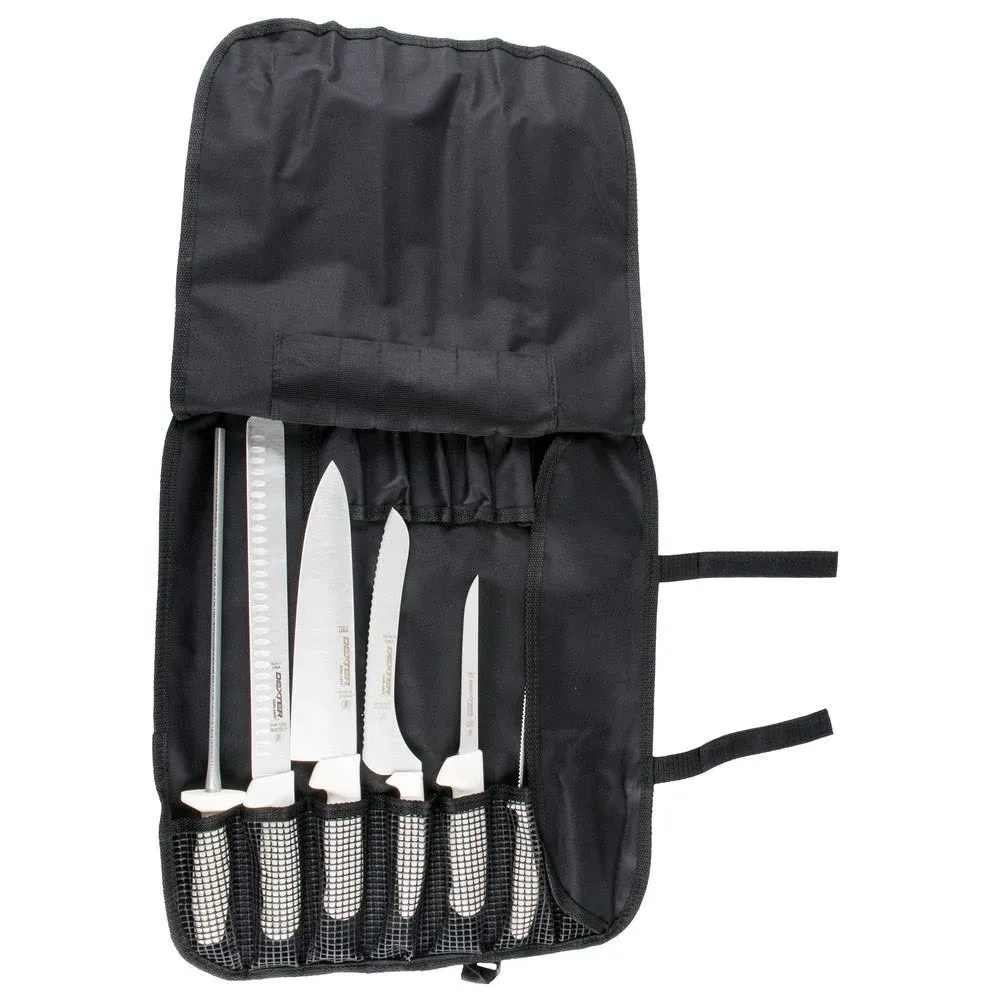 Sani-Safe(R) (20703) Cutlery Set, 7 piece, includes (1) each 12in. diamond knife sharpener, 12in. duo-edge slicer, 10in. chefs/cooks knife, 9in. offset scalloped slicer, 3-1/4in. paring knife and cutlery case, stain-free, high-carbon steels, polypropylen