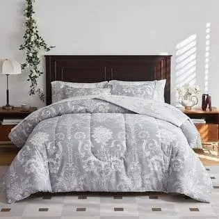 Great Choice Products Gray Cotton Bed in A Bag 7 Pieces Queen Size Floral Comforter Sheet Set White Flowers Leaves Bedding Set (1 Comforter 2 ...