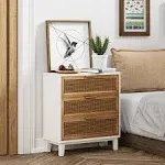 COZAYH Farmhouse 3-Drawer Nightstand, Woven Cane Front Accent Dresser with Brass Pull, Fully-Assembled, Black