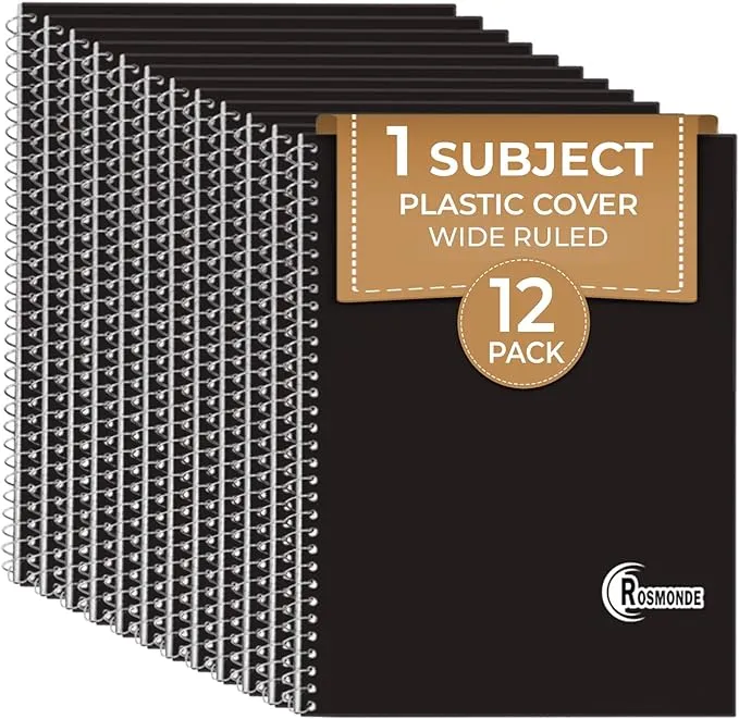 1 Subject Spiral Notebook, 12 Pack, Wide Ruled, Water Resistant Cover, Thick 140 Pages/Book (70 Sheets), 8 x 10-1/2, 3 Hole, Bulk School & Office, Black Cover