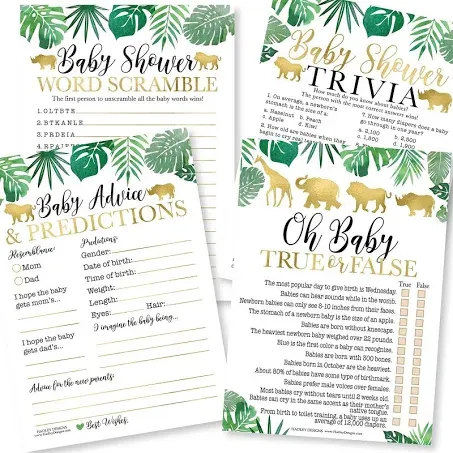 Hadley Designs Safari Baby Shower Games Gender Neutral - 50 Cards, Two 25-Game Sets, 4 Games Double Sided, Baby Prediction and Advice Cards, Baby Trivia, True Or False, Word Scramble, Gender Reveal