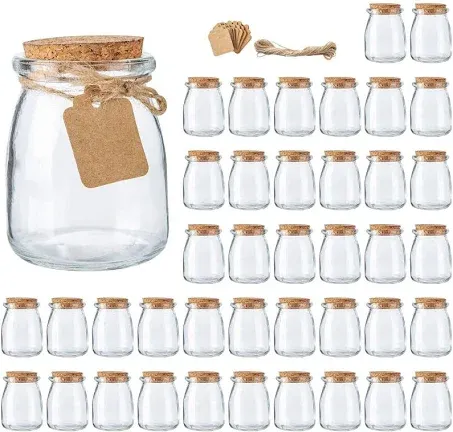 Brajttt Glass Jars, Mini Yogurt Jars 40 Pack, 7 oz Favor Jars with Cork Lids, Pudding Containers with Lids, Mason Jars Wedding Favors Honey Pot with Label Tags and String