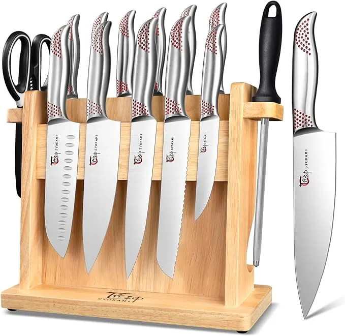 Kitchen Knife Set, 14 Pieces Japanese Style Knife Block Set With Wooden Block, High Carbon Stainless Steel Ultra Sharp Knives With Ergonomic Handle, Including Honing Steel and Shears, Red Dot