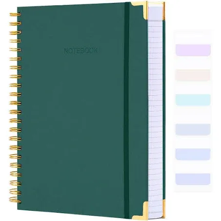 Spiral Notebook, College Ruled Notebook, 8.5" x 11", 300 Pages Hardcover Leather Notebook Journal for Women Men, A4 Large Lined Journal Notebooks for Work School, 24pcs Index Tabs, Green