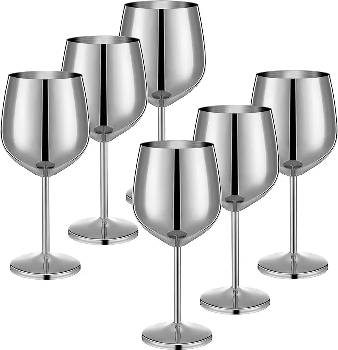 Set of 6 18 oz Stemmed Stainless Steel Wine Glass Unbreakable Gold 