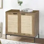 Anmytek Rustic Oak Accent Storage Cabinet with 2 Rattan Doors, Mid Century Natural Wood Sideboard Furniture Cabinet with Storage for Kitchen, Living Room H0045