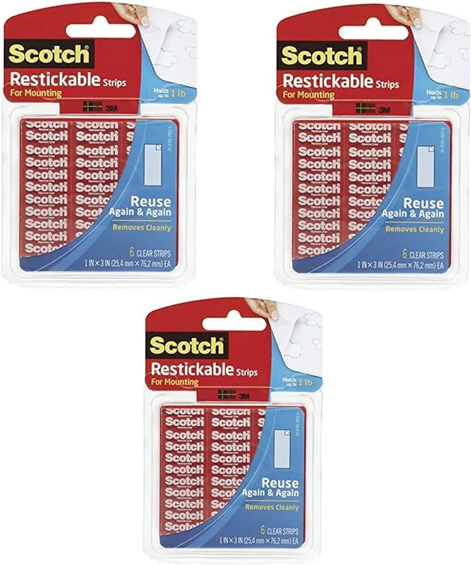 Scotch Restickable Strips, 1-inch X 3-inch, Clear, 6-Strips (R101), 3 Pack