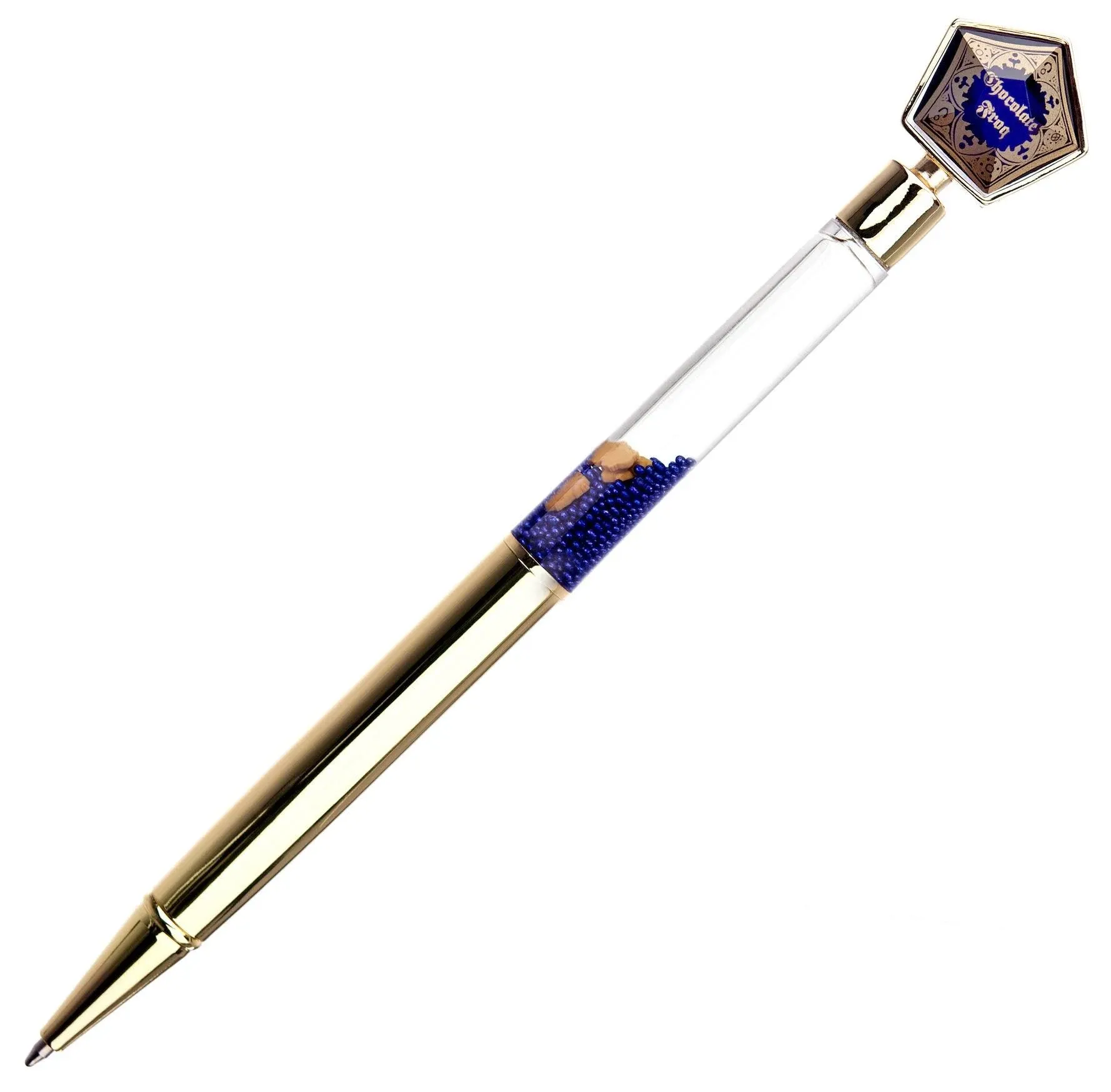 CON*QUEST Conquest Journals Harry Potter Chocolate Frog Ballpoint Pen, Twist Metal, Refillable Black Ink, Glass Stone Topper, Oil Top Barrel with Floating Shapes & Blue Crystals, Officially Licensed