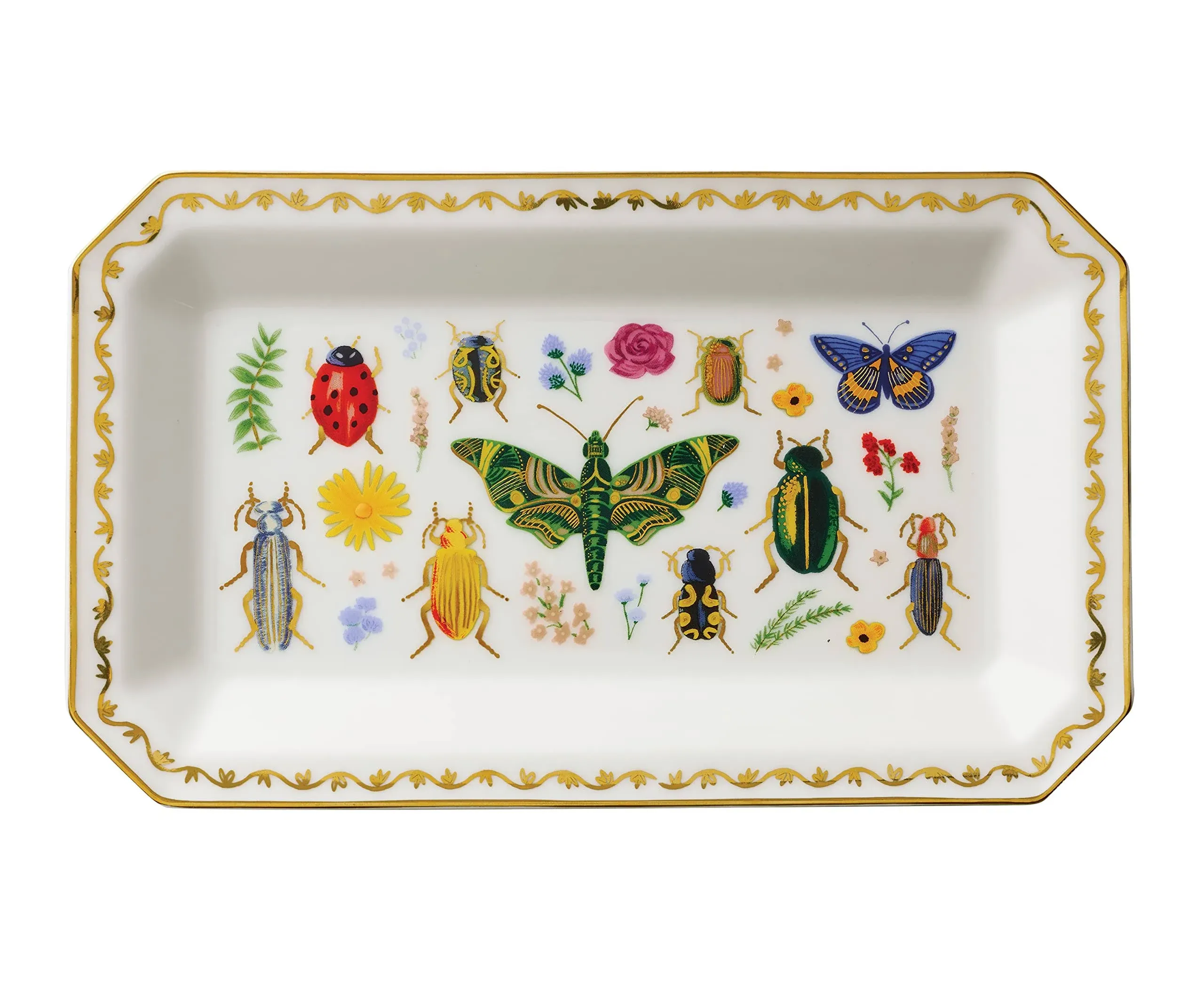 RIFLE PAPER CO. Curio Large Catchall Tray - Porcelain Storage Tray, Colored Illustrations and Metallic Gold Accents, 10" L x 6" W x 1" H, Perfect for Trinkets, Keys, Mail, and Jewelry