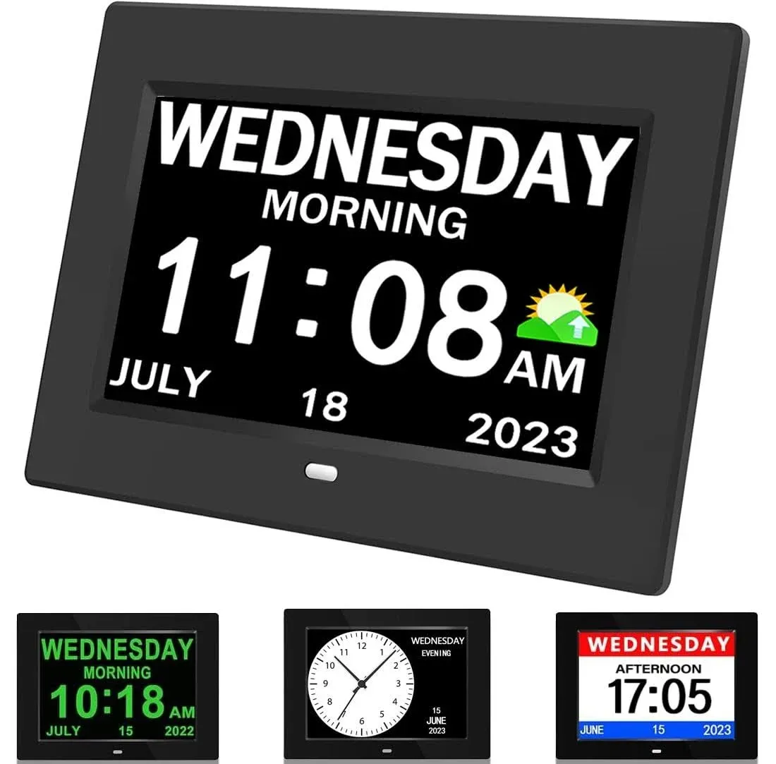 Alarm Clock with Day and Date for Elderly 3Displays 7inch Digital Calendar Da...