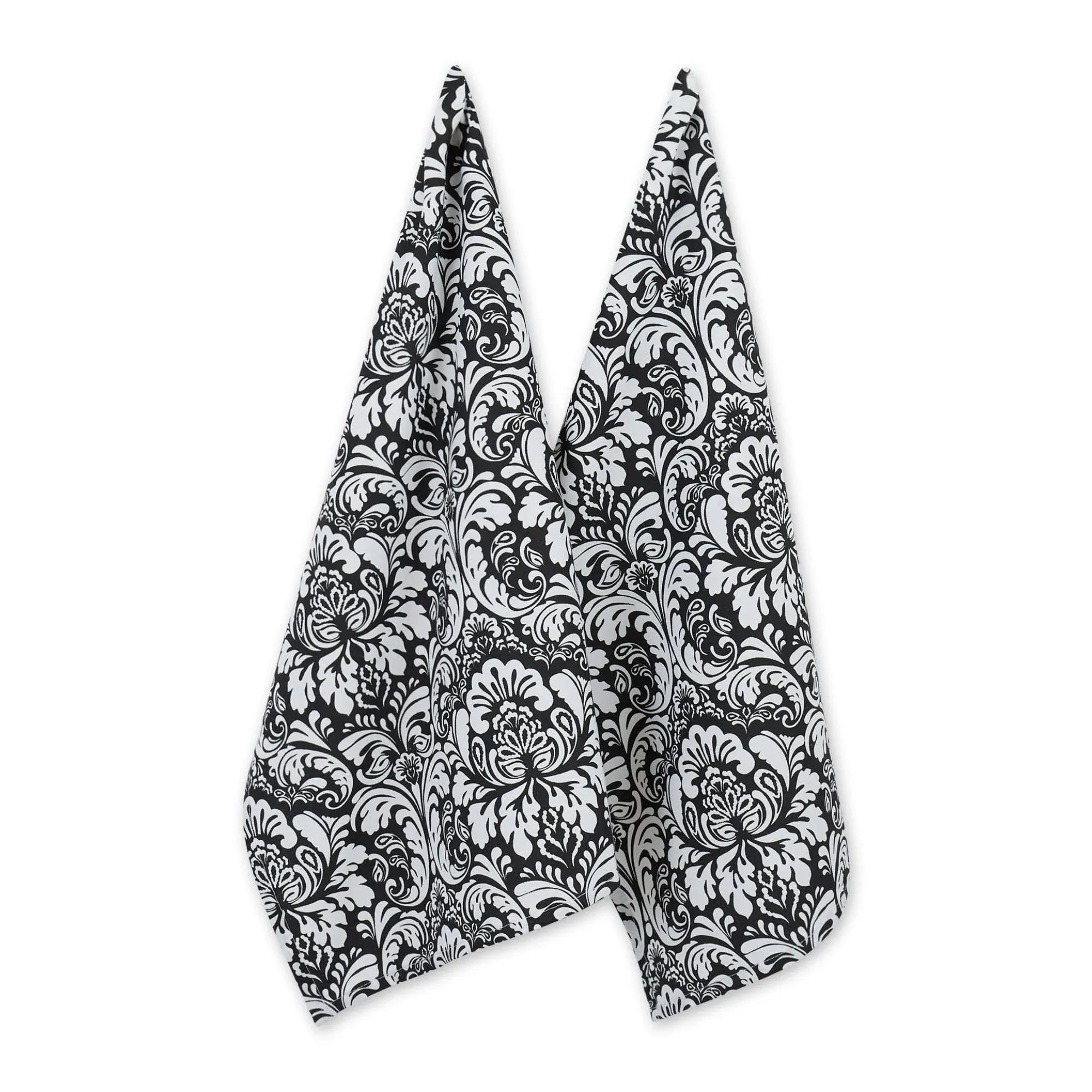 DII Cotton Dish Towel Set Damask Print, 18x28, Black, 2 Count