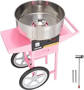 VBENLEM Commercial Cotton Candy Machine with Cart, Electric Floss Maker with Stainless Steel Bowl, Sugar Scoop and Drawer, for Family and Various Party, Pink