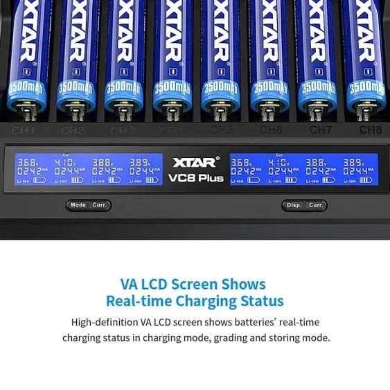 8 bays 21700 18650 Battery Charger Xtar New Vc8 Plus 21700 Smart Charger with Lcd Display,1a*8 Fast Charger for 3.6v 3.7v Li-ion 10440 18700 26650