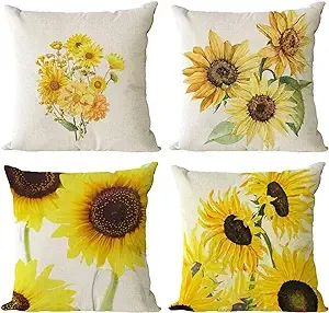 Set of 4 Sunflower Decorative Throw Pillow Covers Square Cotton Linen Summer ...