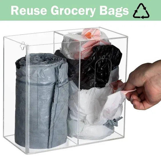 Heyrelda Grocery Bag Holder and Trash Bag Dispenser - 2 in 1 - Wall Mounted Plastic Bag Dispenser for Grocery Bags and Garbage Bags Kitchen Cabinet Grocery Bag Dispenser Organizer Under Sink, Clear