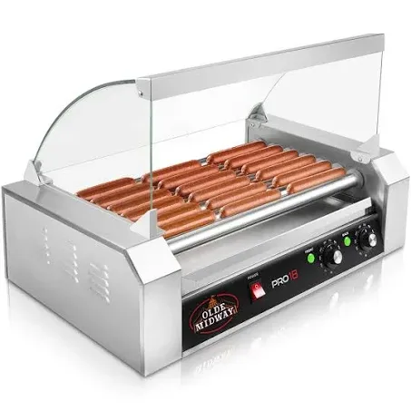 Olde Midway Commercial Electric 18 Hot Dog 7 Roller Grill Cooker Machine 900-Watt with Cover