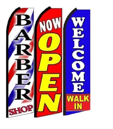 Barber Shop, Now Open,Welcome Walk in King Swooper Feather Flag Sign- Pack of 3 