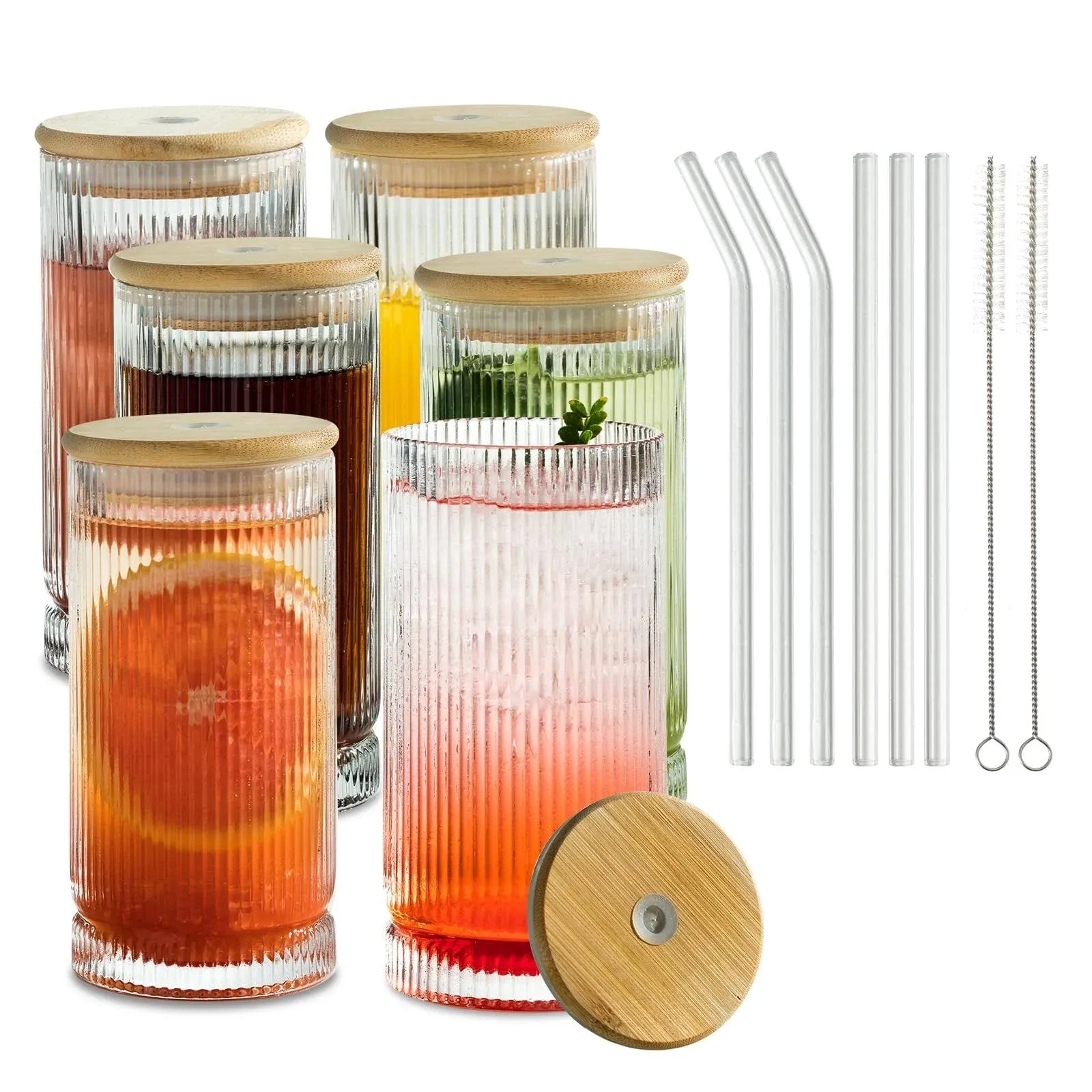 Vintage-Style 16oz Tall Drinking Glasses: Set of 6 Ribbed Glassware with Lids and Straws - Perfect for Cocktails, Smoothies, Juice, Beer, and Coffee - Versatile Design for All-Occasions (6Pcs)