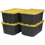 BLACK & YELLOW CX, 27-Gallon Heavy Duty Tough Storage Container with Smart QR Label for Easy Itemization, Weather-Resistant, Stackable Bin with Snap-Tight Lid (14.3”H x 20.6”W x 30.6”D) [4 Pack]