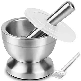 Tera 18/8 Stainless Steel Mortar and Pestle with Brush Spice Grinder Pill Crusher Herb Bowl Pesto Powder 1.5 Cup 350ml