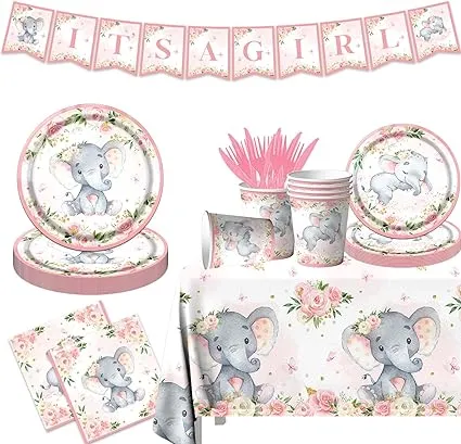 142Pcs Pink Elephant Baby Shower Decorations for Girl It's A Girl Plates and Napkins Set with Cups Forks Tablecloth and Banner Baby Girl Gender Reveal Decorations Pink Baby Shower Party Supplies