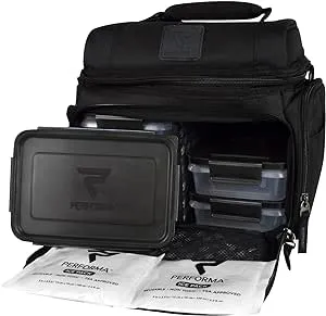 PERFORMA Meal Prep Matrix 6 Meal Cooler Bag - Organized and Insulated 6 Lunch Prep Bag with Two Ice Packs and Shoulder Strap To Accommodate Your Daily Meal Prepping (Black)