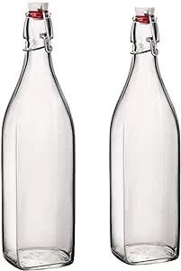 Bormioli Rocco Set of 2 Square Swing Top Glass Bottles with Airtight Hermetic Lid, Bottles Kombucha, Beer, and Limoncello, Dishwasher Safe, Made in