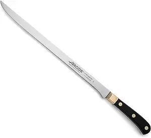 ARCOS Carving Knife 12 Inch Stainless Steel. Ham Slicer Knife for Cutting Ham and Meat. Ergonomic Polyoxymethylene Handle and 300mm Blade. Series Regia. Color Black/Gold