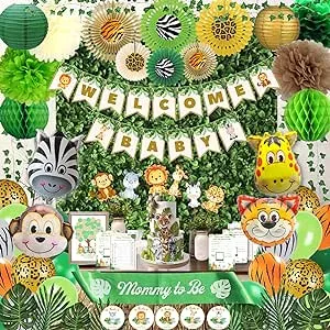 207 Pcs Safari Baby Shower Decorations for Boy Jungle Theme Baby Shower Decor - Banner, Animal Cutouts, Balloons, Paper Decorations, Guest Book, Leaves, Games, Sash - Jungle Baby Shower Decorations