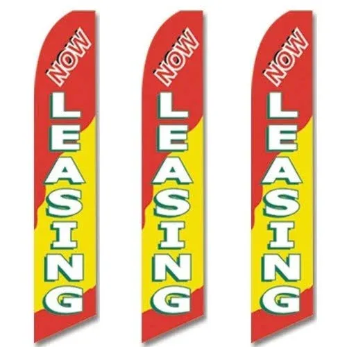 Three (3) Pack Full Sleeve Swooper Flags NOW LEASING Red Yellow White Green