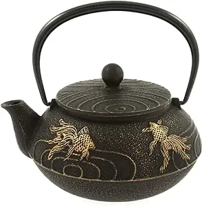 Iwachu Japanese Iron Teapot Tetsubin Gold and Black Goldfish