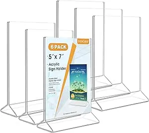 MaxGear Acrylic 5 X 7 inches Clear Sign Holder-Table Card Display-Table Menu Plastic Display Stand - Double Sided Ad Picture Frame for Office, Home, Store, Restaurant, 6 Pack