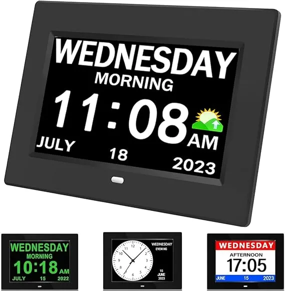 Alarm Clock with Day and Date for Elderly 7inch Digital Calendar Clock Photo Frame- Auto Dimmable Display 15 Alarm Options, Clock with Non-Abbreviated Day & Month (7inch / Black)