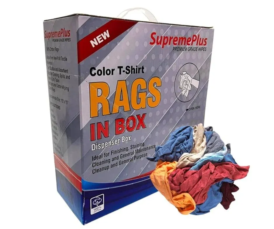 Premium Color T-Shirt Rags - Shop Bulk Cotton Rag in (5 lbs. Compressed Box), Clean Oil, Dust, Grease, Stain & Paint w/Absorbent Cleaning Cloth, for House, Restaurant, Garage, & Mechanic