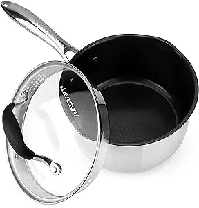 AVACRAFT Nonstick Saucepan with Glass Lid, Strainer Lid, 100% PTFE, PFOA Toxins Free, Two Side Spouts for Easy Pour, Multipurpose Sauce Pan with Lid, Ceramic Sauce Pot (2.5 QT Non-Stick Saucepan)