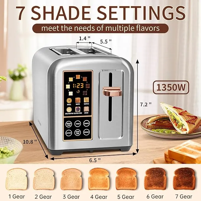 SEEDEEM Toaster 2 Slice, Touch Control Stainless Toaster LCD Display, 50% Faster Heating Speed, 1.4'' Wide Slots, More Timer Functions, Removable