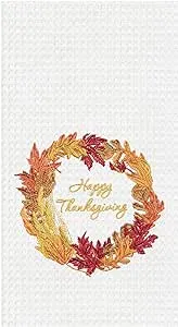 C&F Home "Happy Thanksgiving Wreath Embroidered Waffle Weave Dishtowel Autumn Fall Harvest Decorative Drying Kitchen Dish Hand Towel Decor Decoration 18" x 27" White