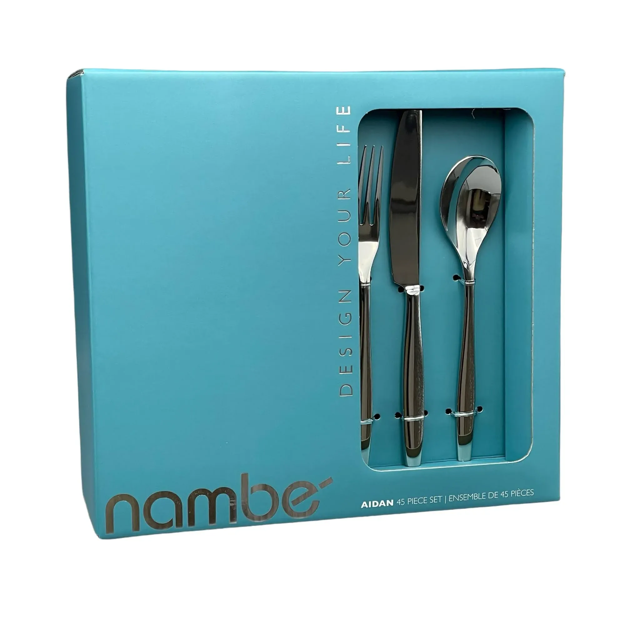 nambe Aidan Flatware Set, 45-Pc Set, 18/10 Mirror Stainless Steel Silverware Cutlery Set, Designed for Home Kitchens or Restaurants, Service for 8 and a 3pc Hostess Utensil Set, Dishwasher Safe