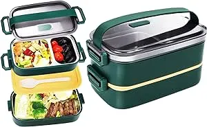 Stainless Steel Bento Box for Adults&Kids,Japanese Leakproof Lunch Box Divided Food Meal Storage Containers Set Stackable 2 Layer for Children School Picnic Green