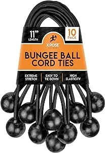 Xpose Safety Bungee Ball Cords 9" 100 Pack Heavy Duty Black Stretch Rope with Ball Ties for Canopies, Tarps, Walls, Cable Organization